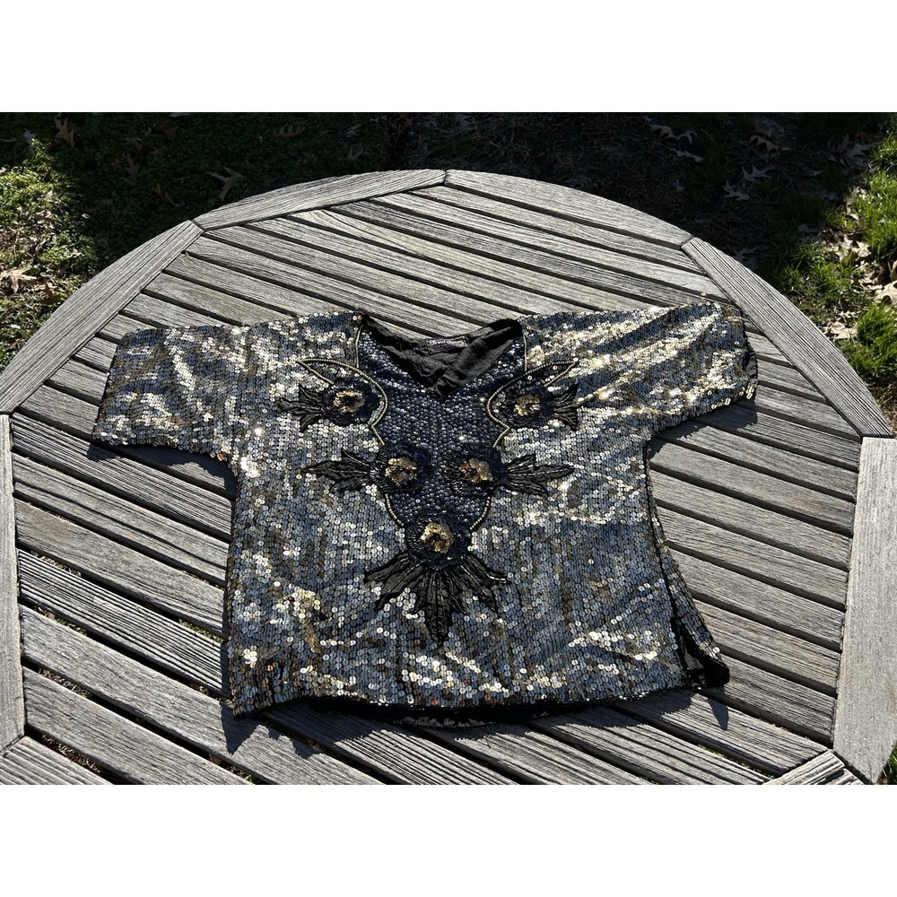 Jewel Queen Pure Silk Black Vintage Short Sleeve Sequined Evening Top‎ Medium